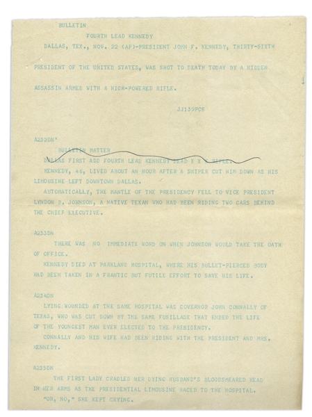 AP Wire Teletype From 22 November 1963 Regarding the Assassination of John F. Kennedy -- ''President John F. Kennedy...was shot to death today by a hidden assassin...''